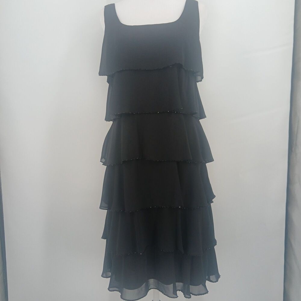 womans vintage black patra formal tiered dress with beading flapper size 8